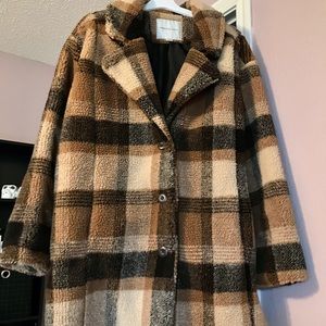 American Eagle Long Sherpa Plaid Coat